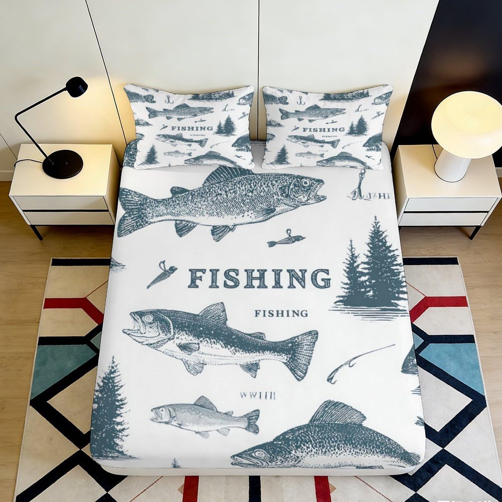 3D Printed Fishing Lake Fitted Sheet Microfiber Soft Breathable Forest Fish Mattress Cover Bedroom Decor 90x200x25cm