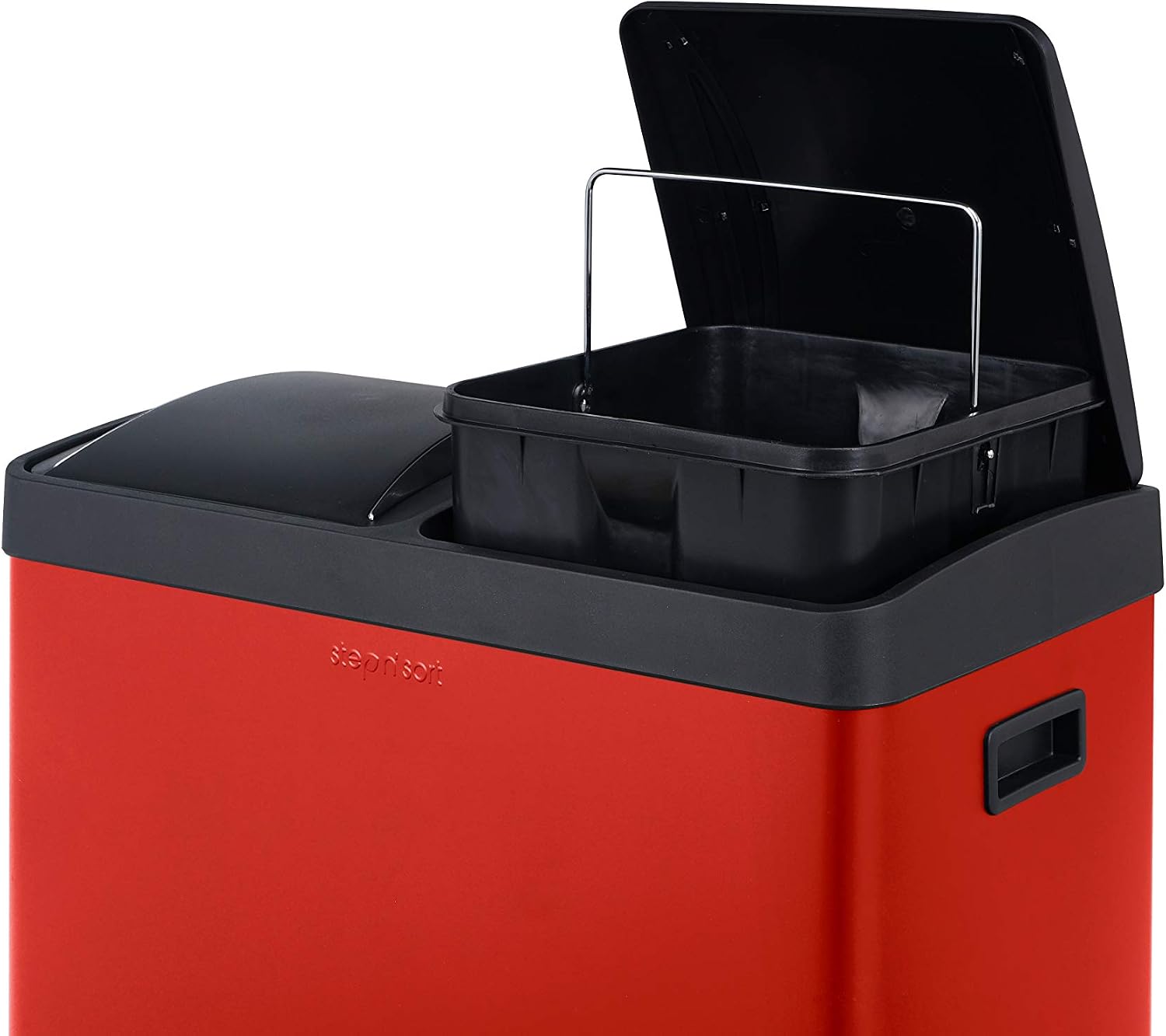 The Step N' Sort 2-Compartment Stainless Steel Trash and Recycling Bin, 16 gal, Red