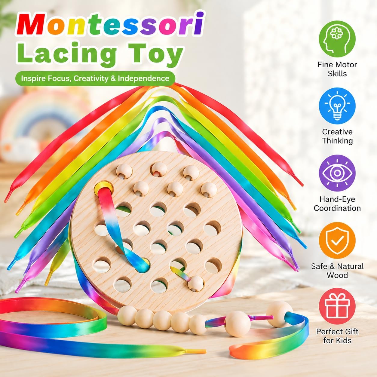 Eray Montessori Wooden Lacing & Weaving Board, Fine Motor Toy Ages 3+