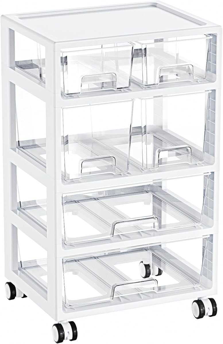 Drawer Storage Organizer,4 Tier 6 Drawers with Wheels, Clear | Clear Drawers with Multiple Sizes Keep Supplies Visible. Sturdy for Bathreoom, Office, Under Desk, Crafts & Art Storage.