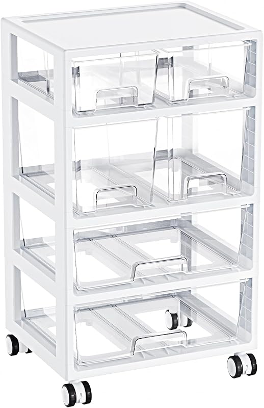 Drawer Storage Organizer,4 Tier 6 Drawers with Wheels, Clear | Clear Drawers with Multiple Sizes Keep Supplies Visible. Sturdy for Bathreoom, Office, Under Desk, Crafts & Art Storage.