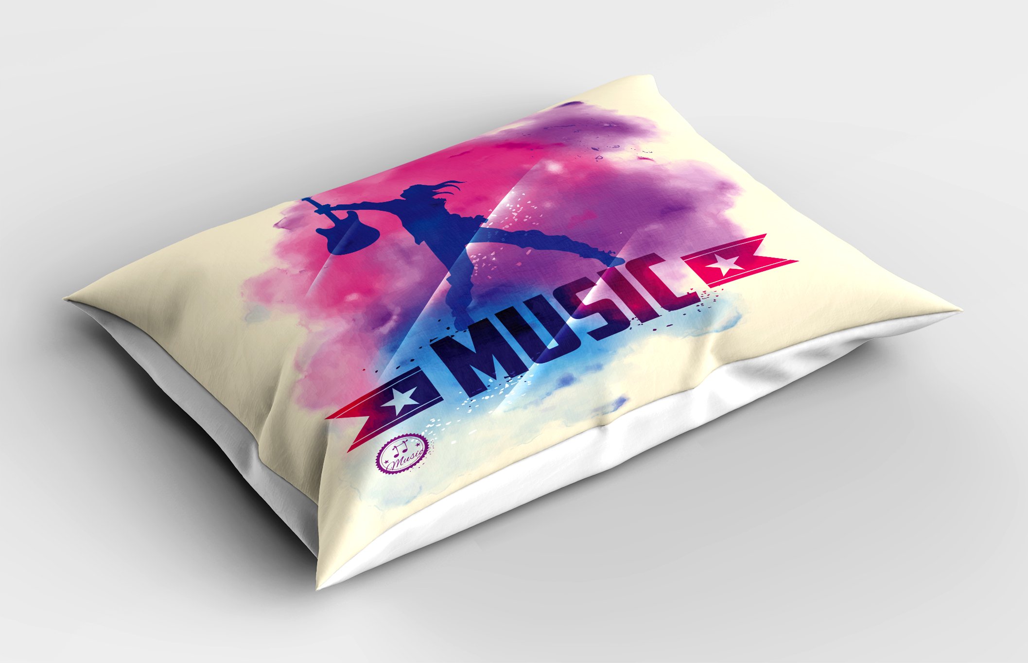 Ambesonne Modern Pillow Sham, Rock Star with Guitar Inside Watercolor Cloud with Musical Words Print, Decorative Standard Size Printed Pillowcase, 30