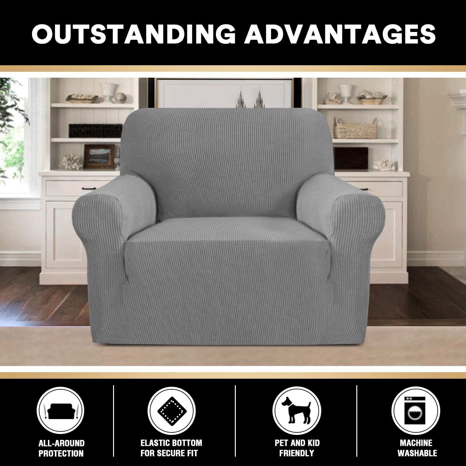 Stretch Armchair Covers for Chairs Slipcovers for Living Room Couch Covers for Chair Protectors Cover for Dogs/Pets/Kids, Feature Checks Pattern Jacquard Bouncy, Thick and Soft - Dove : Home & Kitchen