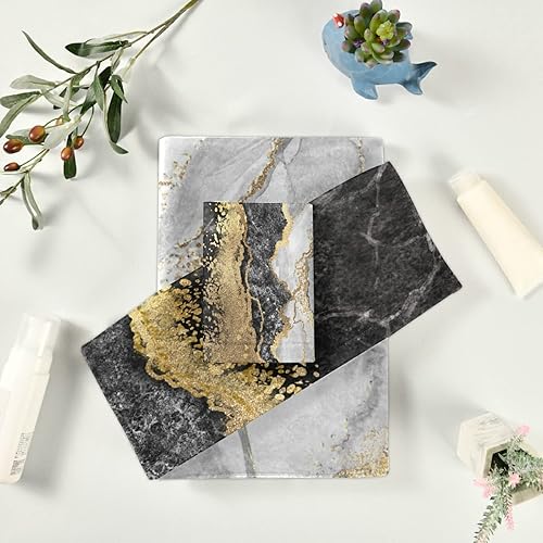 Miniatura 5 de Juego de toallas de baño para baño, toallas de mano, toallas de mano con diseño de mármol dorado y negro, 3 piezas, algodón decorativo, absorbente,