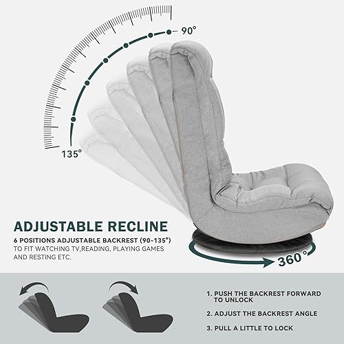 Miniatura 2 de Avocahom Silla de suelo giratoria de 360 con respaldo ajustable de 6 posiciones, cojín suave, silla de piso plegable gris, soporta hasta 330 libras,