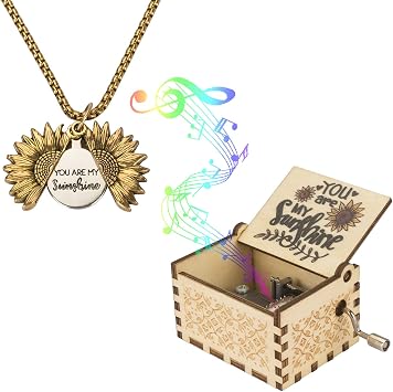 Music Box You are My Sunshine with Sunflower Necklace, Wooden Hand Cranked Musical Box and Engraved Message Locket Pendant Sunflower Gifts for Wife, Girlfriend, Mothers Day,Christmas Present,Birthday