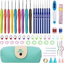 Kit de Crochet 58 Pièces, Crochets Ergonomiques en Aluminium avec Poignées en Caoutchouc Souple, 17 Tailles Complètes 0.6-6.0mm, Étui de Rangement, Accessoires Complets pour Débutants, Adultes