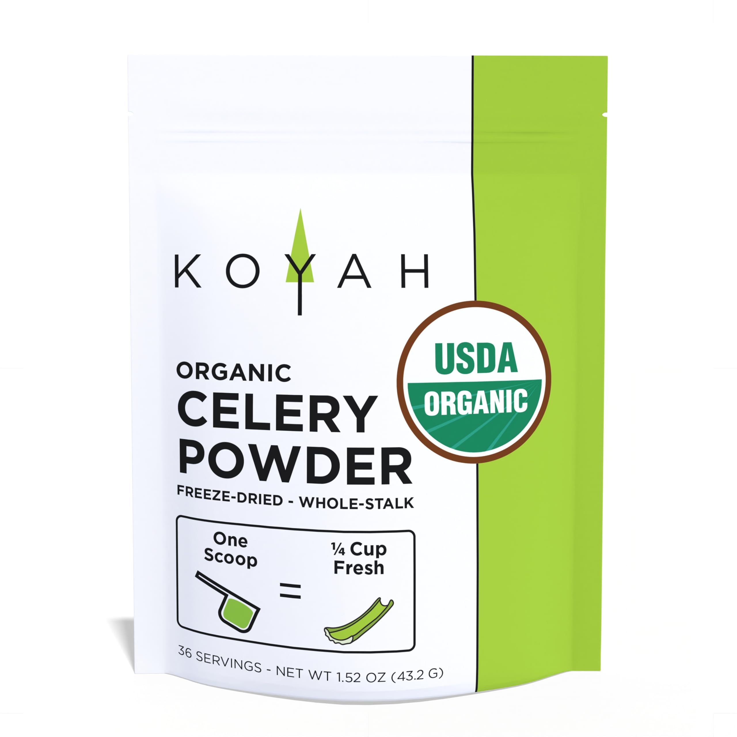 KOYAH - Organic USA Celery Powder (1 Scoop = 1/4 Cup Fresh): 36 Servings, Freeze-Dried, Whole-Stalk Powder