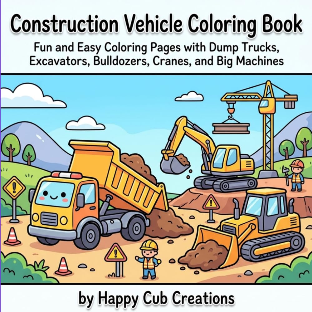 Construction Vehicle Coloring Book for Kids: Fun and Easy Coloring Pages with Dump Trucks, Excavators, Bulldozers, Cranes, and Big Machines