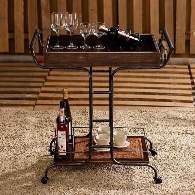 Kitchen Trolley Kitchen Storage 2 Tier Trolley Wrought Iron Dining Car Solid Wood Rolling Cart Hotel Restaurant Cafe Mobile Kitchen Storage Cart Kitchen Furniture-16n4Guhv