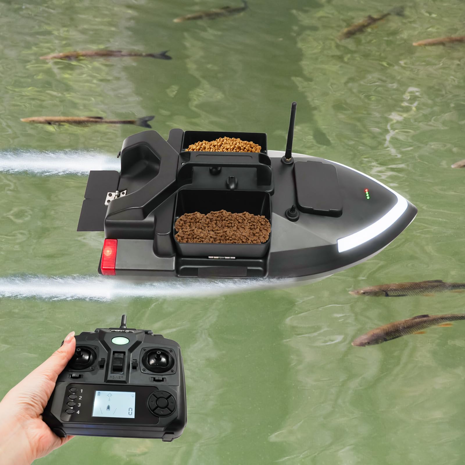 500M RC Köderboot GPS Angelköder Fischköder Boot mit 3 Köderboxen, 12000mAh Akku (4 Std.), Doppelmotor, Suchscheinwerfer, Automatische Rückkehr, Für Karpfenangeln