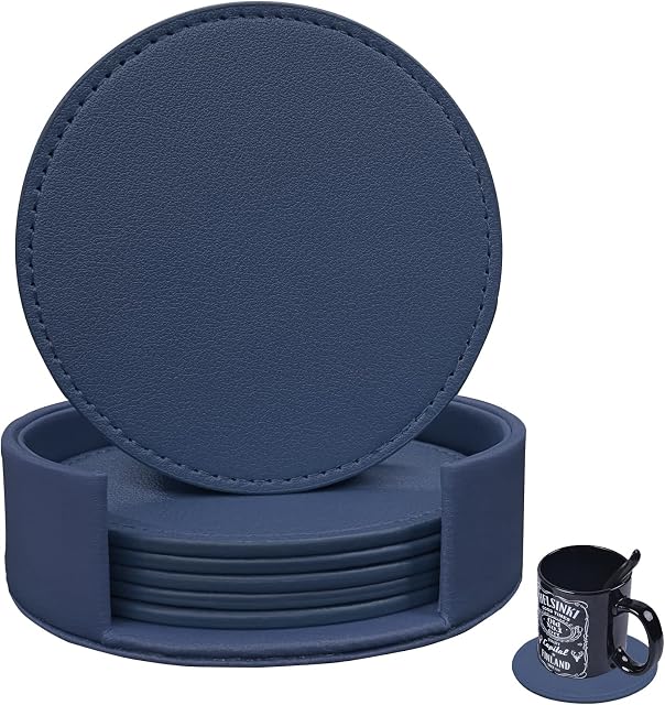 RICHSUM Coasters Set of 6 Soft Leather Drink Coaster Round Coaster with Sewing Around, Suitable for Various Cups, Wooden Tables,Home Decoration,4 Inches(Dark Blue)