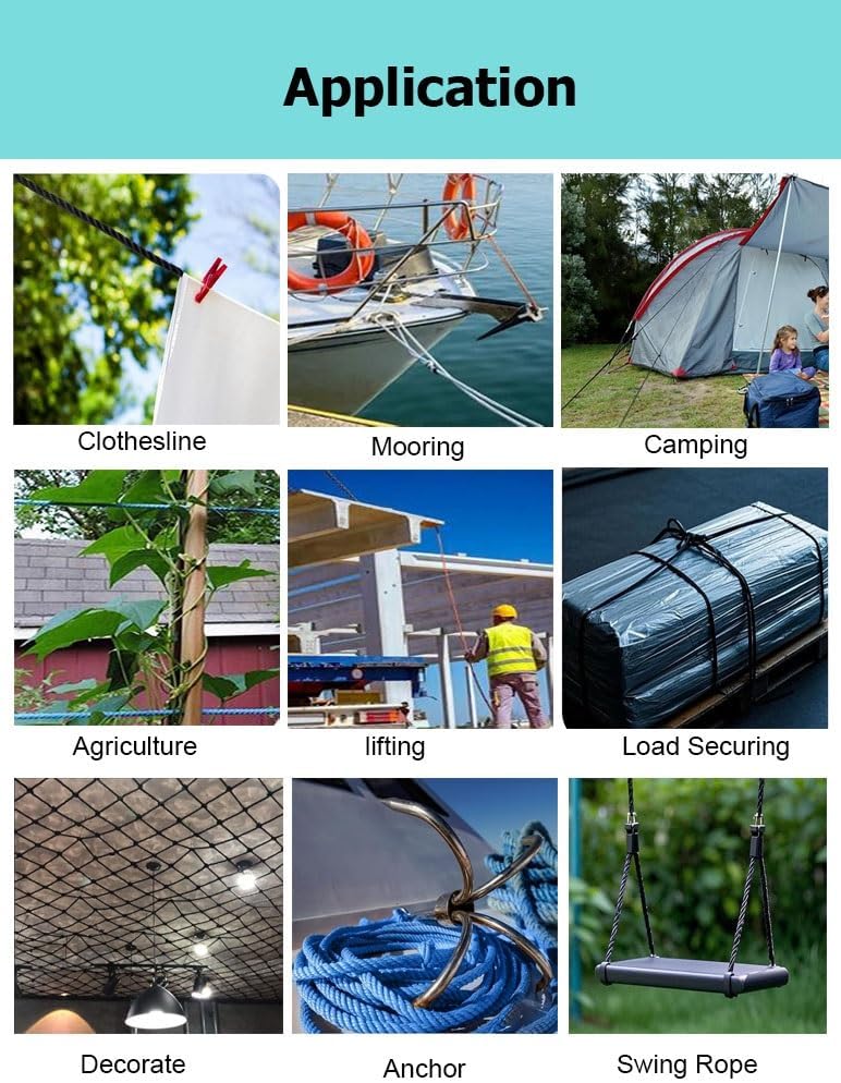 3 Strand Twisted Braided Polyester All-Purpose Lightweight Rope, Arborist Rigging Rope Anchor Line for Outdoor Marine Boat DIY Camping Swing Dock Tug of War(1/4" x164')