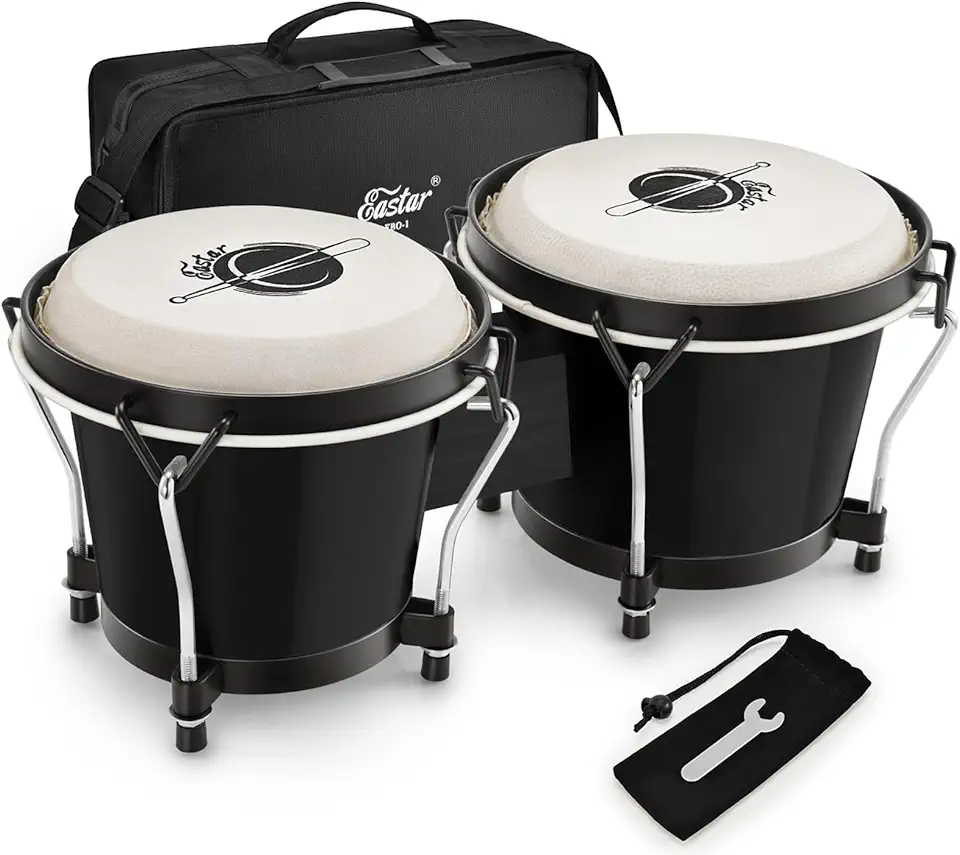 Eastar Tambores bongô de 15,2 cm e 17,78 cm Congas para crianças, adultos, iniciantes, instrumento profissional de percussão de madeira com bolsa e chave de afinação, preto