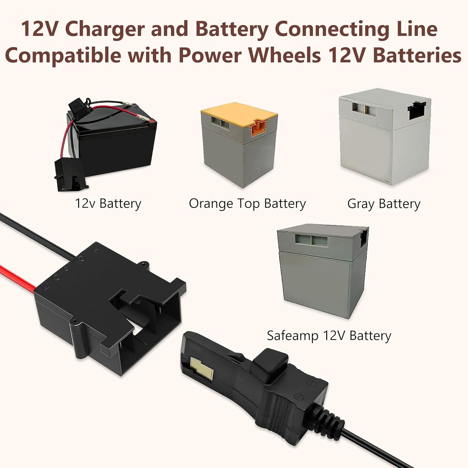 Power Wheels 12v Battery Adapter Charger for Fisher-Price 12V Ride-On Toys, 6.6FT Power Cord with LED Indicator, Compatible with Gray & Orange Top Batteries, Include Battery Wire Harness Connector