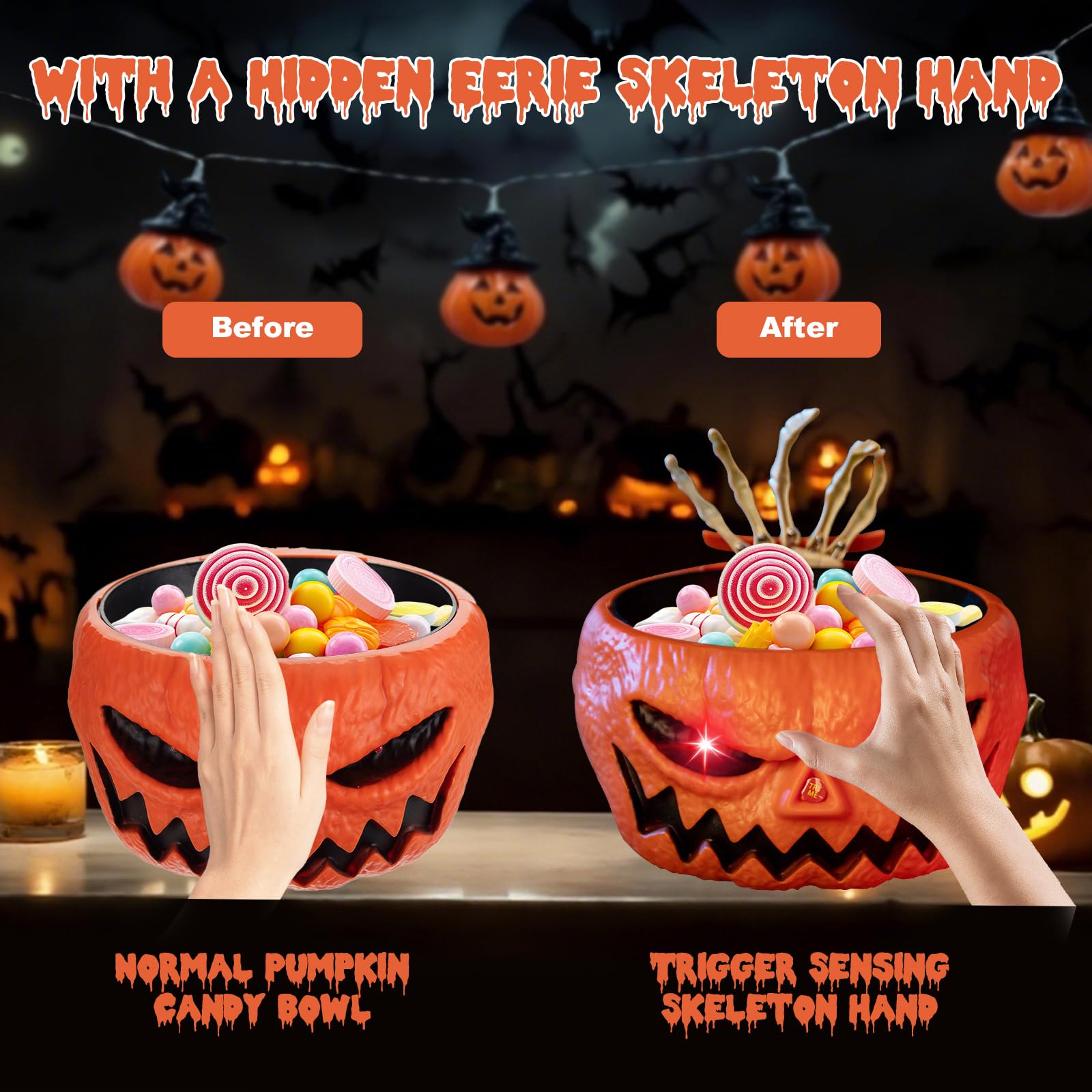 Qivine Luminosa de Tazón de Dulces de Halloween, Cuenco de Plato de Dulces con Cubiertos de Manos Esqueleto, Esqueleto Animado de Decoração Halloween con Sonido