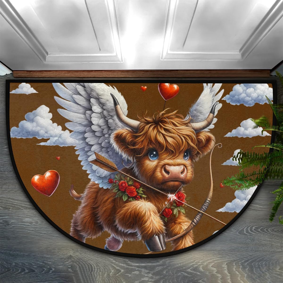 cfpolar Half Round Door Mat Highland Cow Cupid Heart Non-Slip Semi Circle Area Rug Washable Half Moon Hearth Rugs for Indoor Outdoor Bathroom Kitchen Patio Runner Mat Laundry Room Home Decoration
