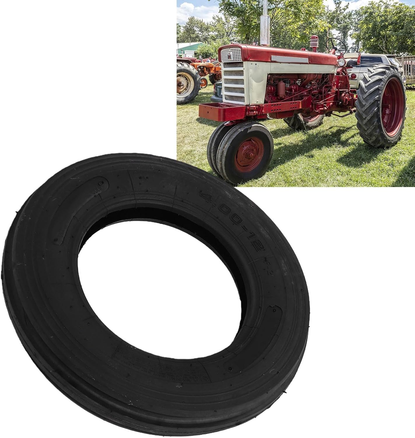 Estink 4.00 12 Tractor Tire, Puncture Proof Rubber 6 Ply Construction 3 Rib Tire with Enhanced Tread Traction and Shoulder Grip Replacement for Series Tractors