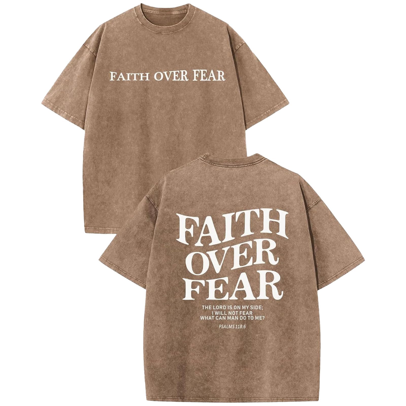 Tencipeda Faith Over Fear T-Shirts for Men & Women, Jesus Christian Religious Oversized Cotton Acid Wash Graphic T-Shirt (Coffee,XL)
