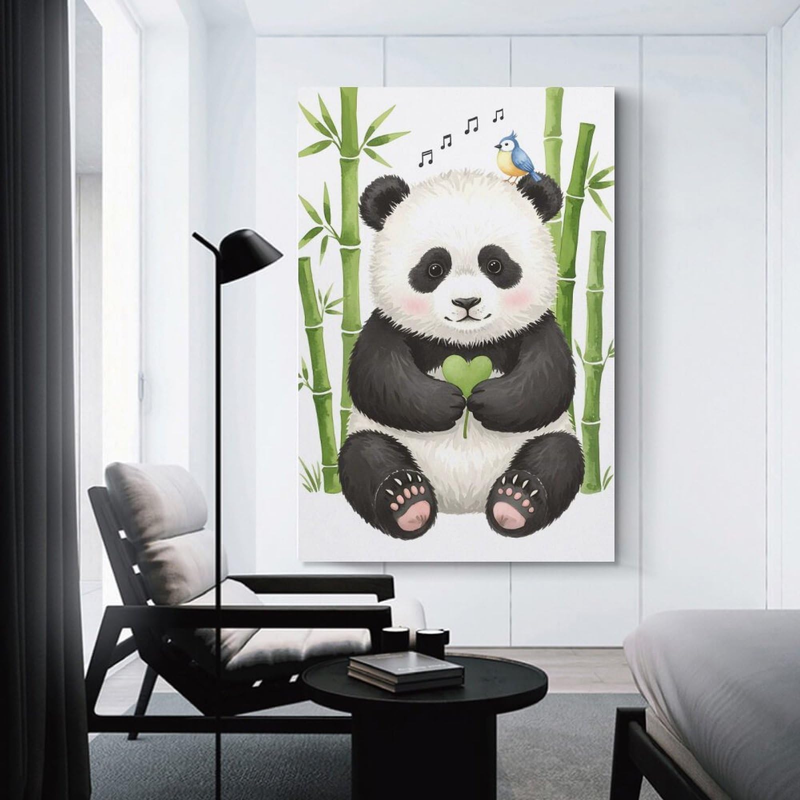 Junmoney Canvas Art Print Cute Panda And Bird, 24x36inch(60x90cm), for Living Room, Bedroom Or Home Office, A Wall Art Gift for Fresh Interiors