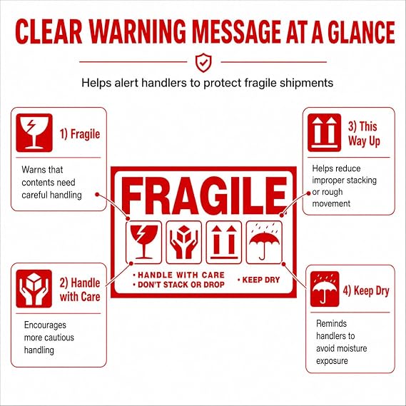 Large Fragile (6 X 3.5) Handle with Care Keep Dry Upward Do Not Trample Shipping Box Warning Stickers Label (STK-02 300pcs)