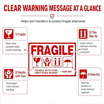 Large Fragile (6 X 3.5) Handle with Care Keep Dry Upward Do Not Trample Shipping Box Warning Stickers Label (STK-02 300pcs)