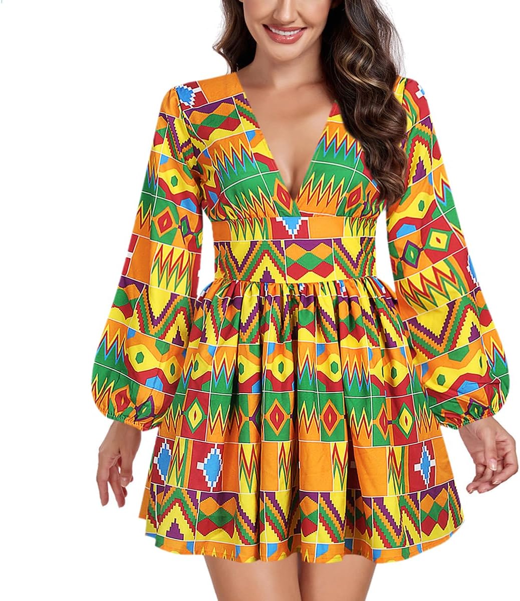 African print dress with long sleeve Vneck style