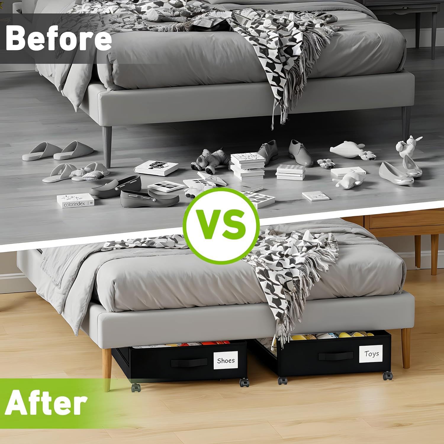 2 Stück Unterbett Aufbewahrungsbox 50L Unterbettkommode mit Rollen Bettkasten Organizer mit PVC deckel Unterbettbox für Kleidung Schuhe Decken Bettwäsche,Schwarz,2er-Pack