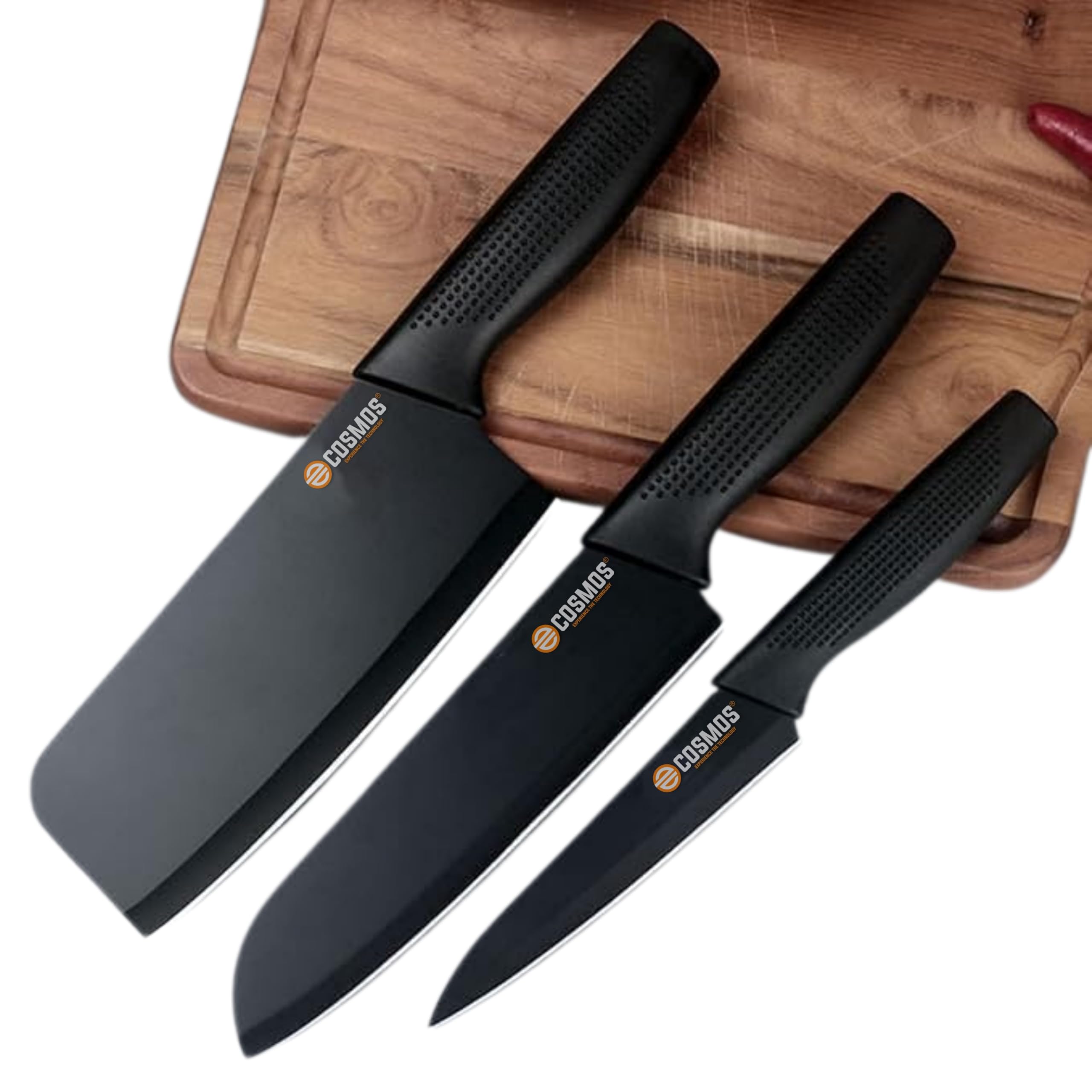 E-COSMOS® Professional 3-Piece Kitchen Knife Set - High Carbon Stainless Steel Chef, Utility & Santoku Knives with Ergonomic Blue Handles (3 Pc Knife Set) (Black)