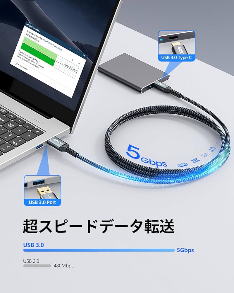 Amazon.co.jp: SUNGUY USB3.0 Gen1 USB Type C ケーブル 3M USB-A