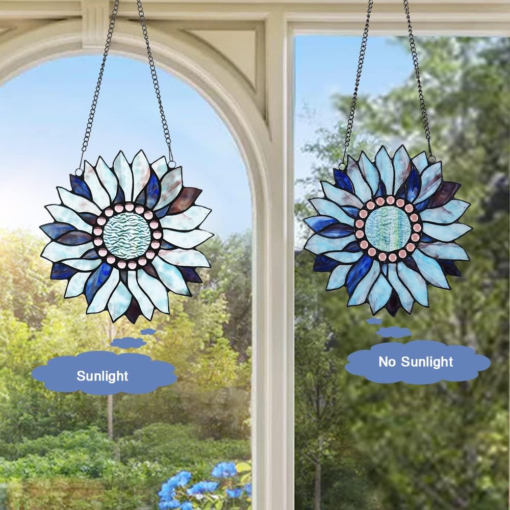 Capulina Large Size Mothers Day Sunflower Gifts Stained Glass Window Hangings Stunning Handicrafts Sun Flower Suncatcher Flower Lovers Thanksgiving Gifts for Window Decor