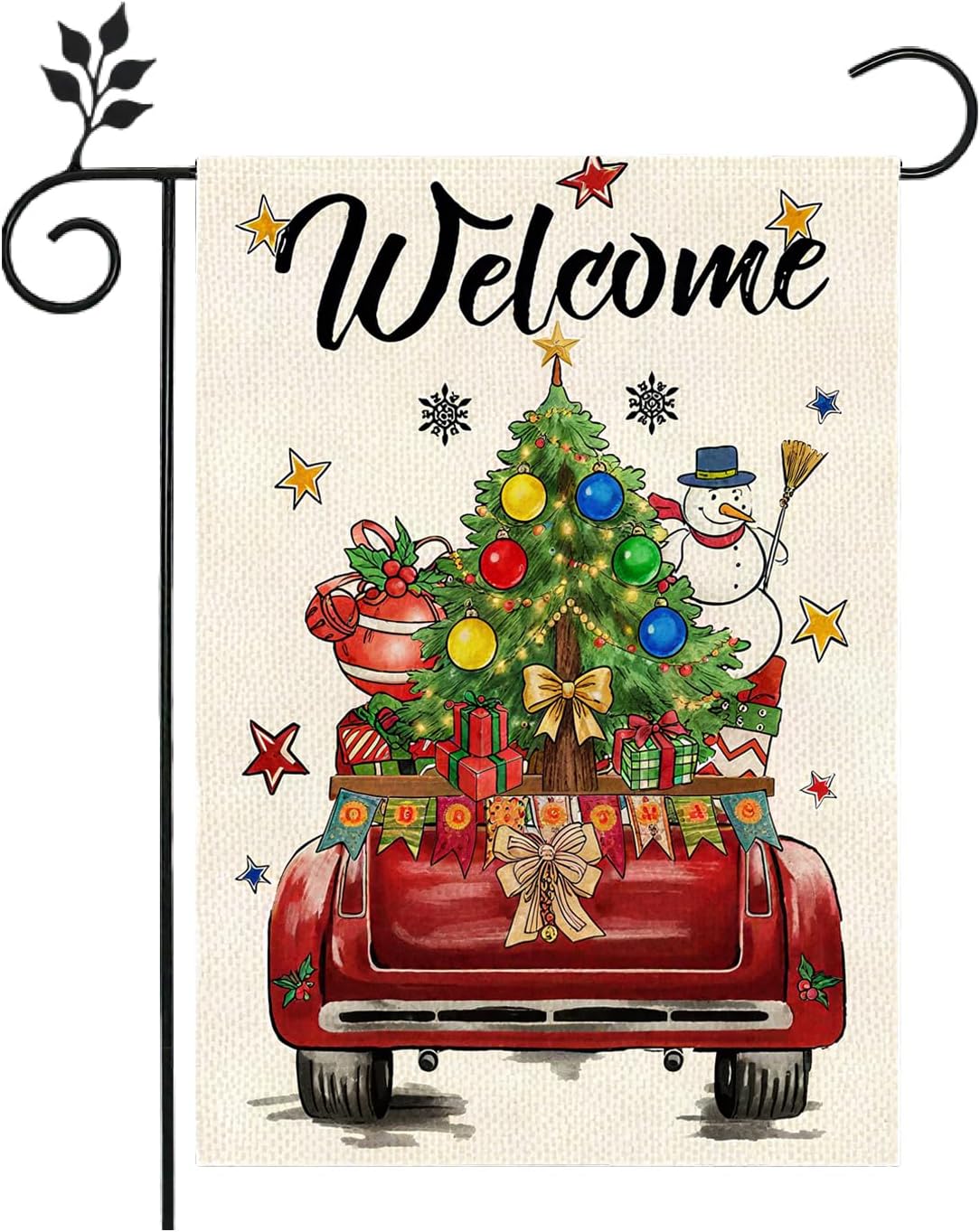 Winter Christmas Garden Flag, Red Truck with Holiday Elements, 12x18 Inches, Double Sided, Burlap, Weather & Fade Resistant