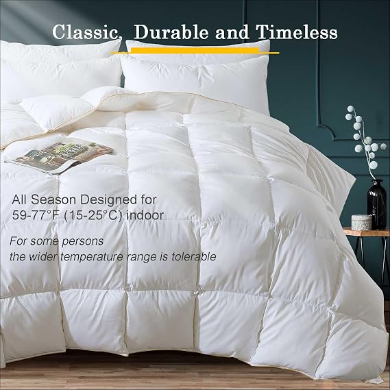WhatsBedding Puffy White Duck Feather Comforter Twin Size, All Season Duvet Insert Feather Downfiber Filled, 100% Cotton Luxury Hotel Collection, 4 Corner Loops, Gold Piping, 90x68 in