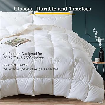 WhatsBedding Puffy White Duck Feather Comforter Twin Size, All Season Duvet Insert Feather Downfiber Filled, 100% Cotton Luxury Hotel Collection, 4 Corner Loops, Gold Piping, 90x68 in