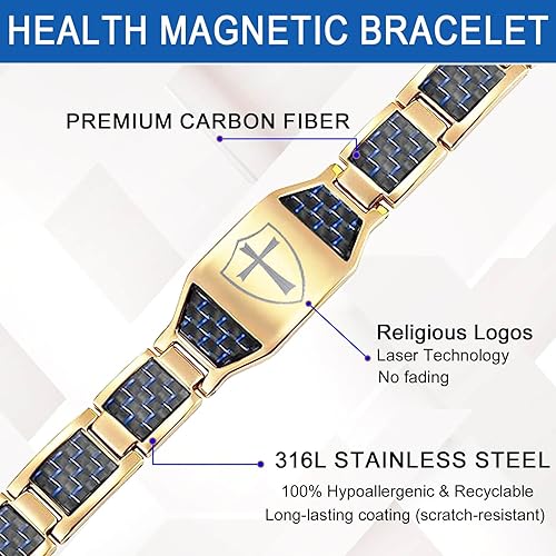 Miniatura 10 de MagVIVACE Pulsera magnética para hombres para artritis, cruz religiosa cristiana de fibra de carbono pulsera de acero inoxidable (B)
