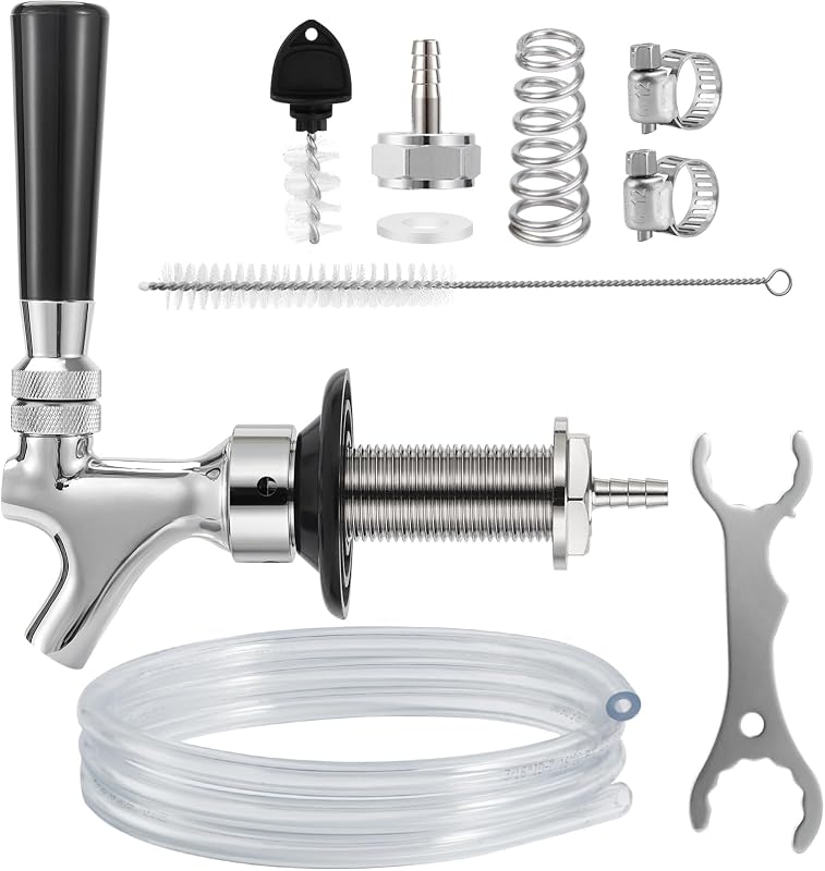 Draft Beer Line Shank Faucet Kit 3” Beer Faucet Shank Self-Closing Beer Tap Faucet Kegerator Parts Wrench 6ft 3/16” Beer Line Tubing Barb Connector Tap Brush Kegerator Conversion kit