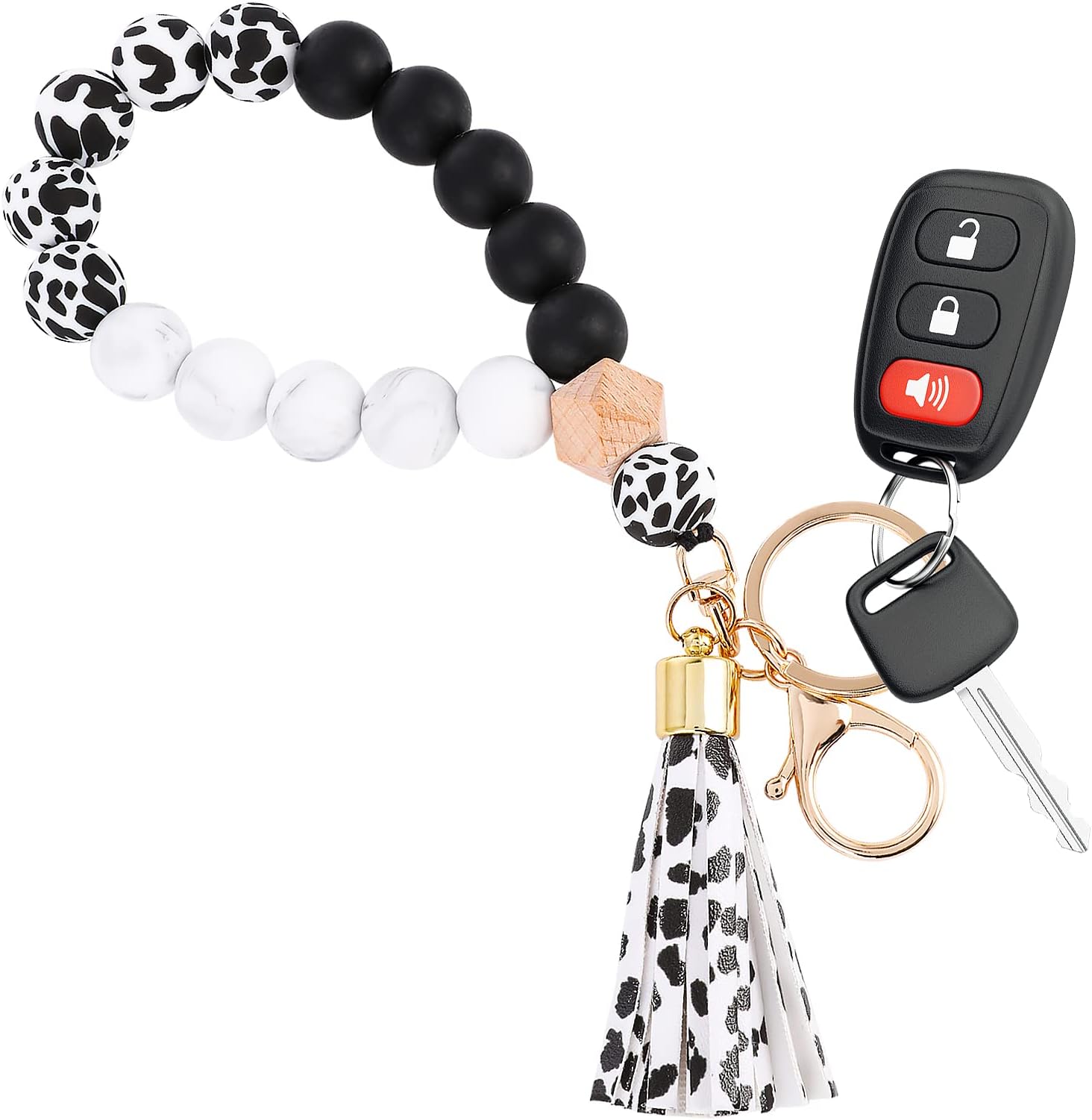 1 Pcs Silicone Key Ring Bracelet Wristlet Keychains Beaded Bangle Bracelet for Women Beaded Keychain with Leather Tassel Portable Phone Car Keys Decor