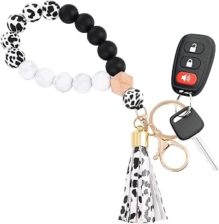1 Pcs Silicone Key Ring Bracelet Wristlet Keychains Beaded Bangle Bracelet for Women Beaded Keychain with Leather Tassel Portable Phone Car Keys Decor