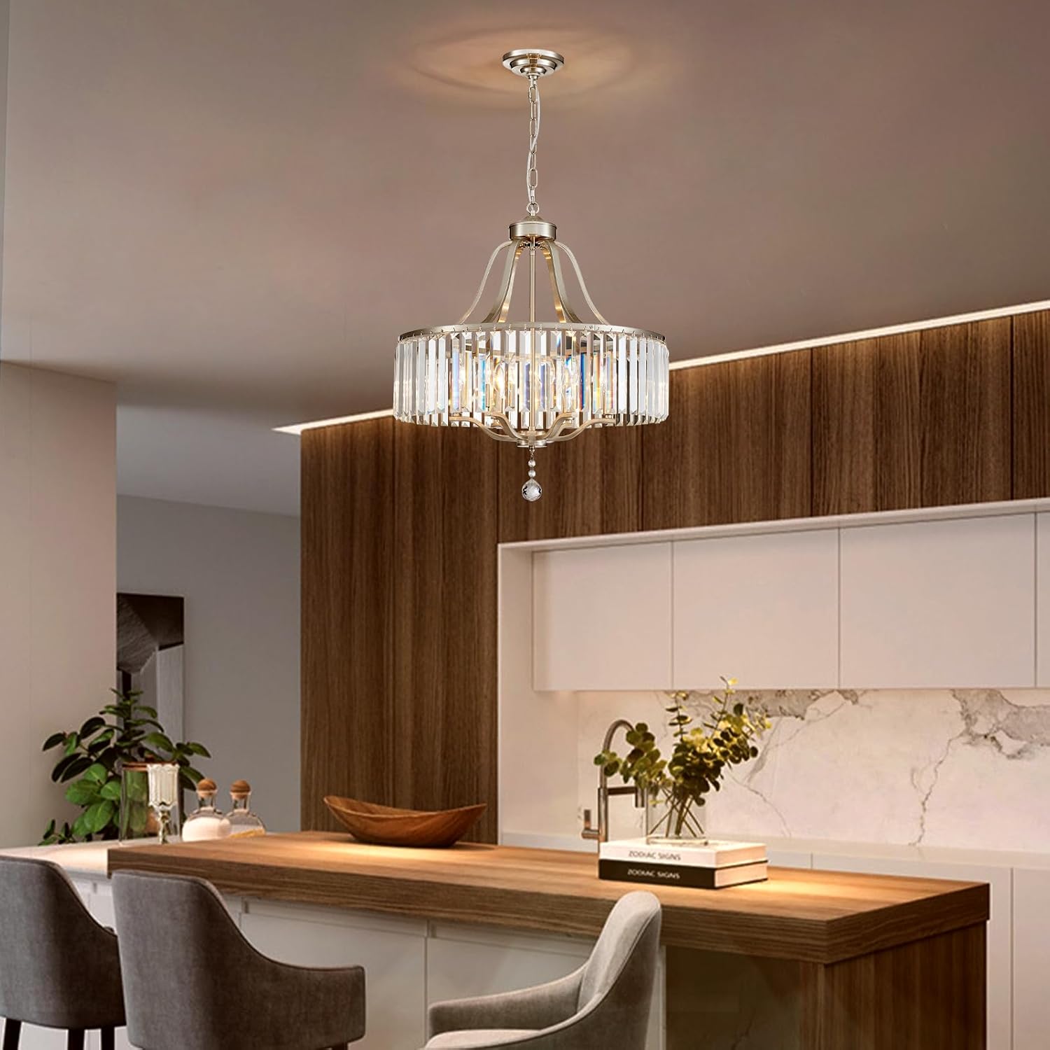 Modern Crystal Chandeliers Round 6-Light Large Brushed Nickel Pendant Lighting Fixture for Dining Room Living Room Kitchen Island Bedroom Hallway Hall Foyer, 21.7" Brushed Nickel 6-Light