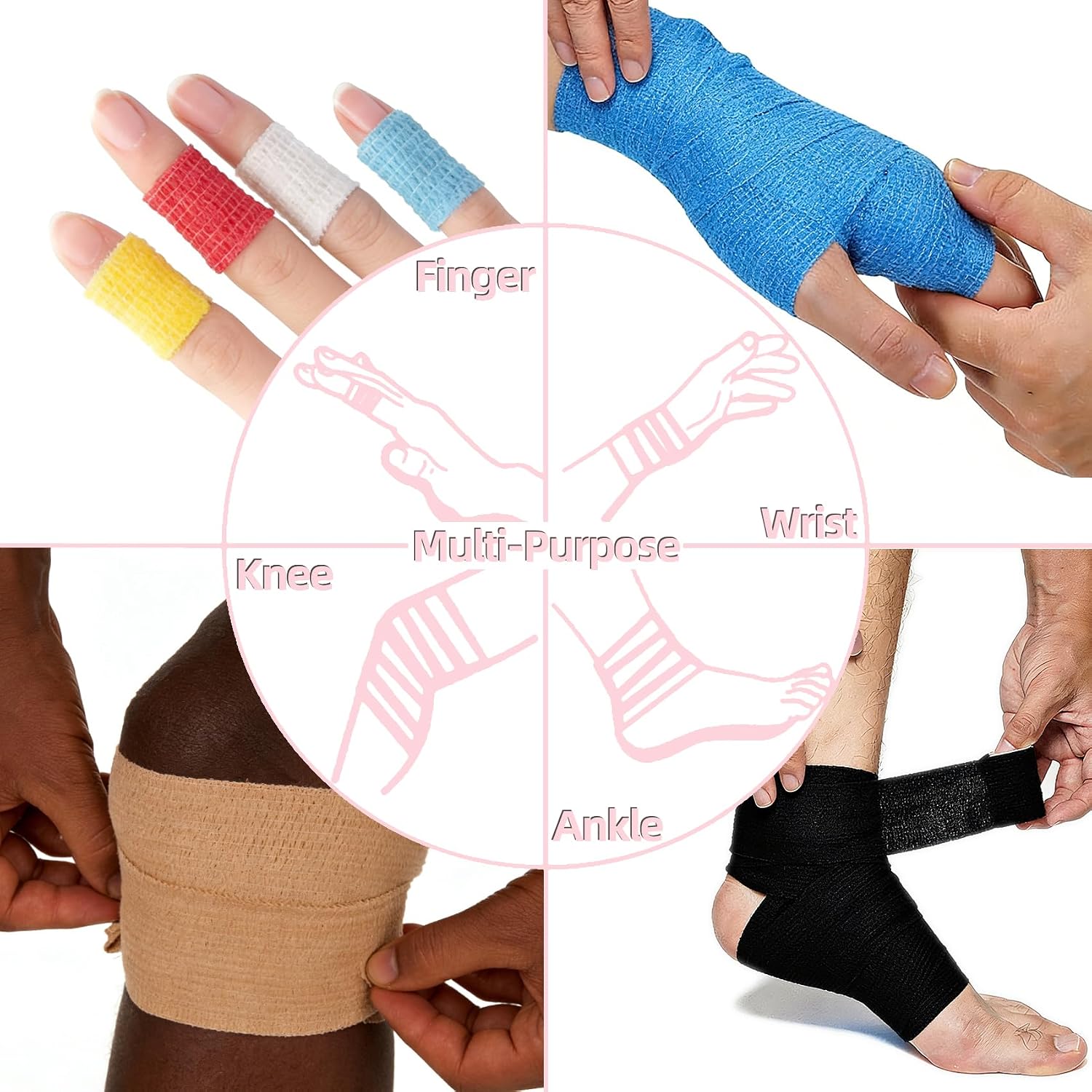 IndigoCase 6 Rolls Self Adhesive Bandage Wrap 2 Inch, Grid-Mix Color Elastic Athletic Tape, Vet Wrap, Wrist Tape, Small Bandage for Kids, Fingertip, Dog, Pets