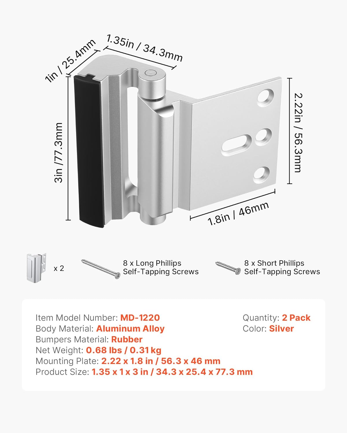 VEVOR Door Reinforcement Lock, 2 Pack Home Security Door Lock, with 3 Inch Stop Withstand 800 lbs of Force, with 8 Screws, for Inward-Opening, Aluminum Alloy, Add Extra High Security to Your Home