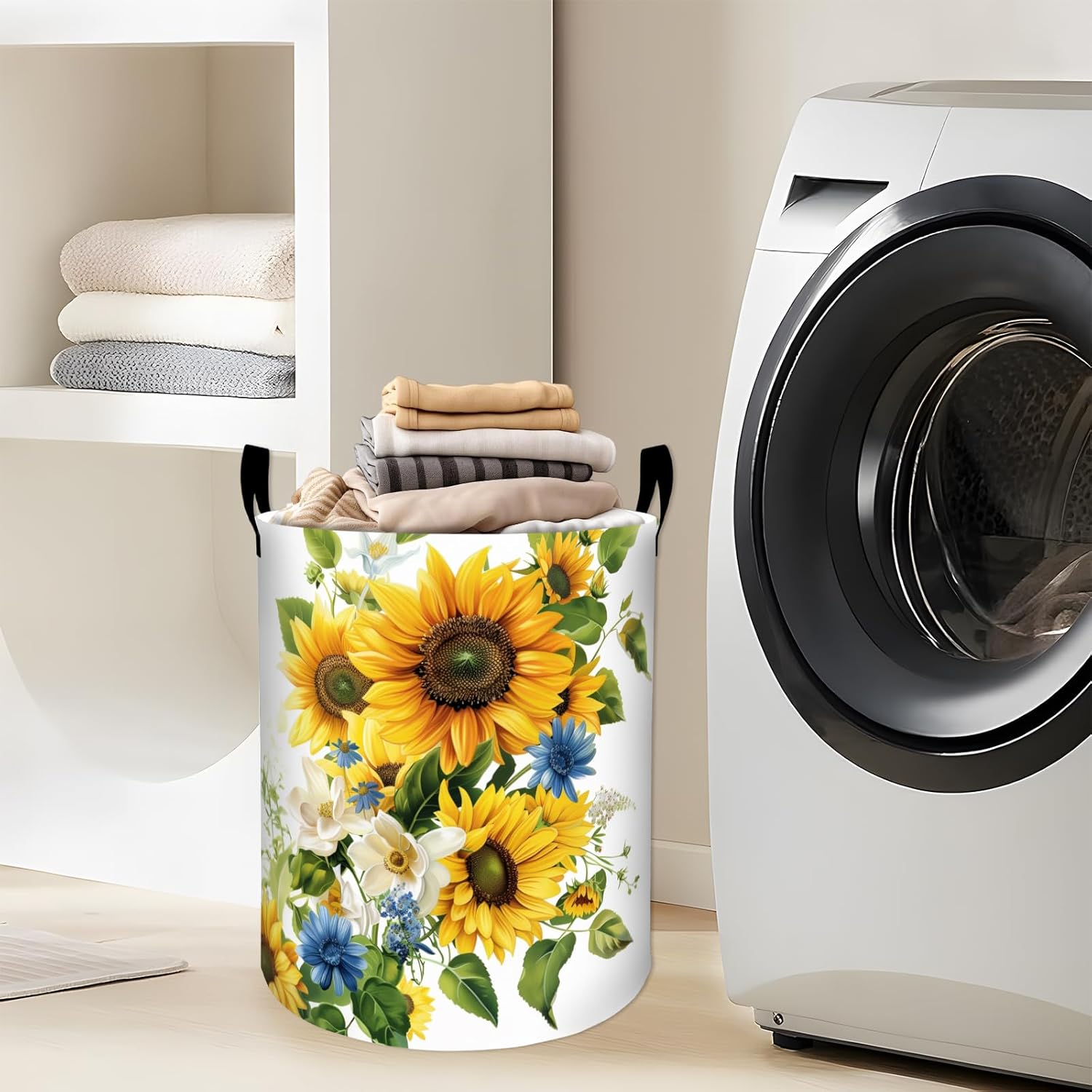 Vibrant Sunflower and Blue Daisy Laundry Basket with Handles, 19.7"x15.7" Clothes Foldable Laundry Hamper Organizer for Dorm Nursery Bedroom Bathroom Decor, Toy Storage Bin for Kids