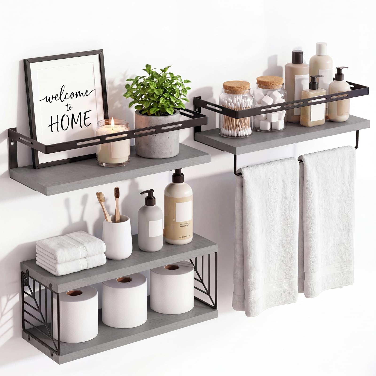 Fixwal Wall Mounted Bathroom Shelves Over Toilet, Rustic Wood Floating Shelves with Metal Frame and Towel Bar for Bathroom, Kitchen, Bedroom, Living Room (3 Plus 1 Gray)
