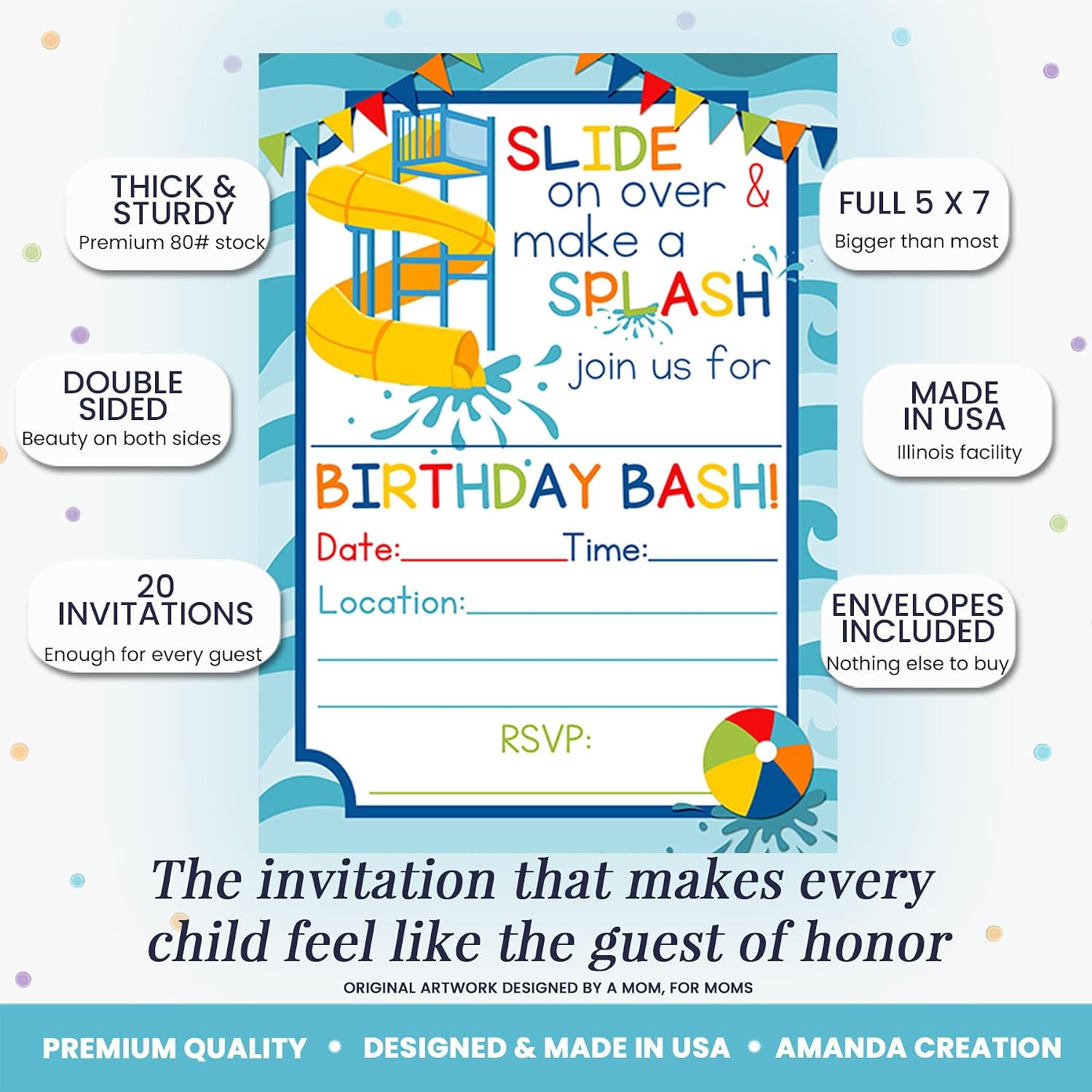 Waterslide Summer Fun Birthday Party Invitations for Boys, 20 5x7 Fill In Cards with Twenty White Envelopes by AmandaCreation