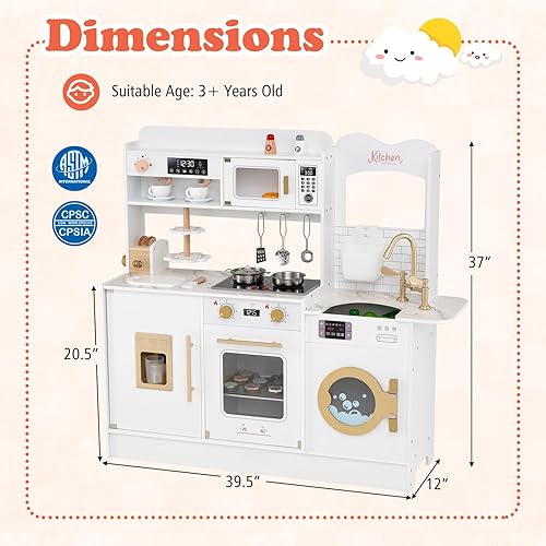 Miniatura 9 de Costzon Juego de cocina para niños, juego de madera para niños pequeños con luces y sonidos reales, grifo, horno de microondas, máquina de café,