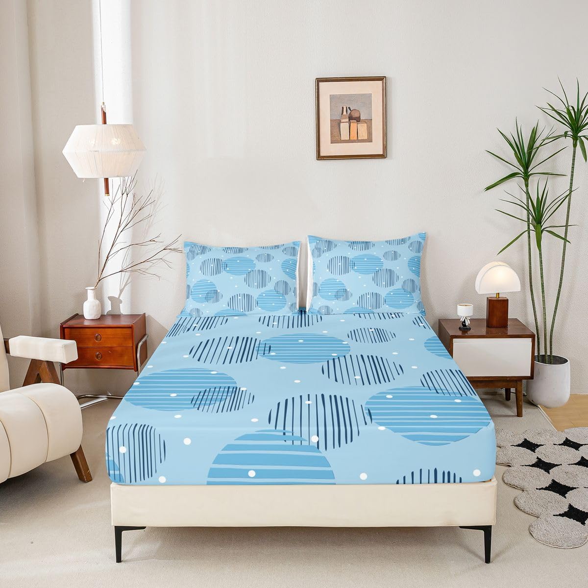 Erosebridal Geometric Fitted Sheet Full Circle Bed Sheets for Kids Teens Baby Blue Bedding Set Bohemian Abstract Sheets with Pocket