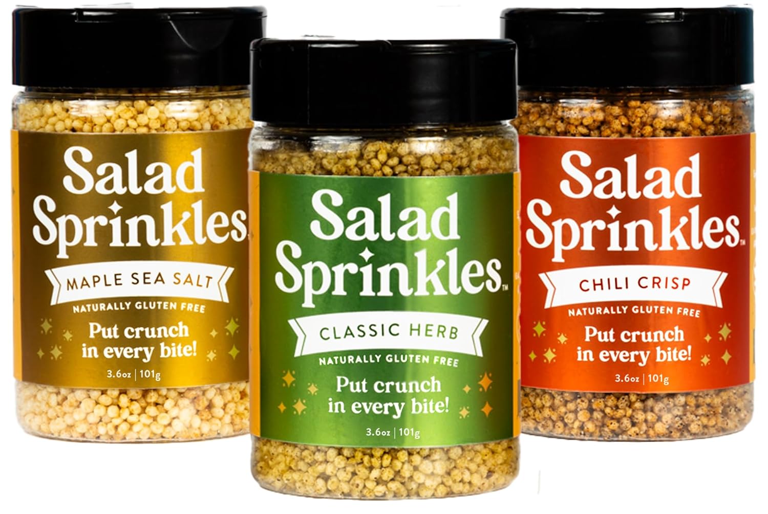 SaladSprinkles Variety 3pk | Maple Sea Salt, Chili Crisp, Classic Herb | Perfect for Salads, Yogurt Topper, Vegetables | Certified Gluten-free, Toasted Rice Puffs | 3 Pack (3.6oz each) Variety 10.8 Ounce