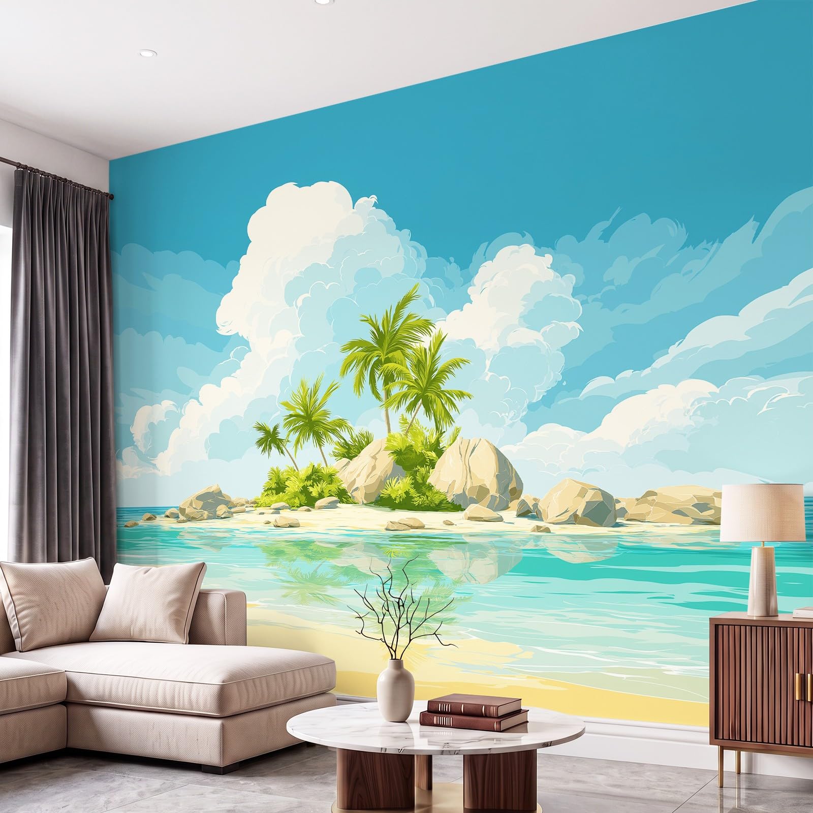 Générique Ciepła tapeta, krajobraz panoramiczna tapeta 300 x 210 cm do salonu dekoracja pokoju dziecięcego dekoracja ścienna do pokoju dziecięcego, wyspa, palma, morze