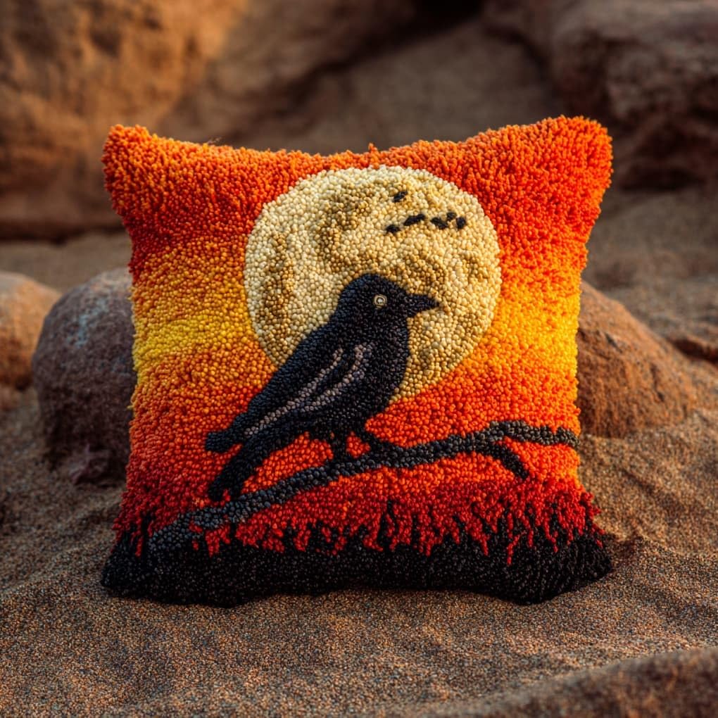 Henypt DIY Latch Hook Cushion Kit,Crows on the Moon 43x43cm Decorative Pillow Cover Craft Set,DIY Craft Set Perfect for Living Room & Gifting