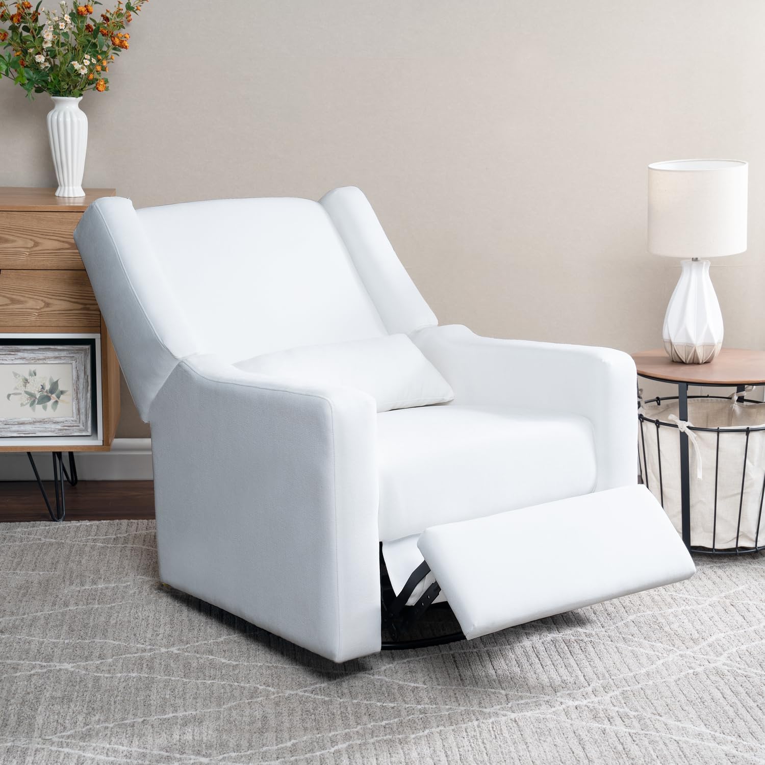 Naomi Home Tanya Luxury Motion Recliner Chair, Bright White – Plush Upholstered Glider Rocker with USB Charging, Swivel, and Lumbar Support for Nursery Comfort, 275 lbs Capacity